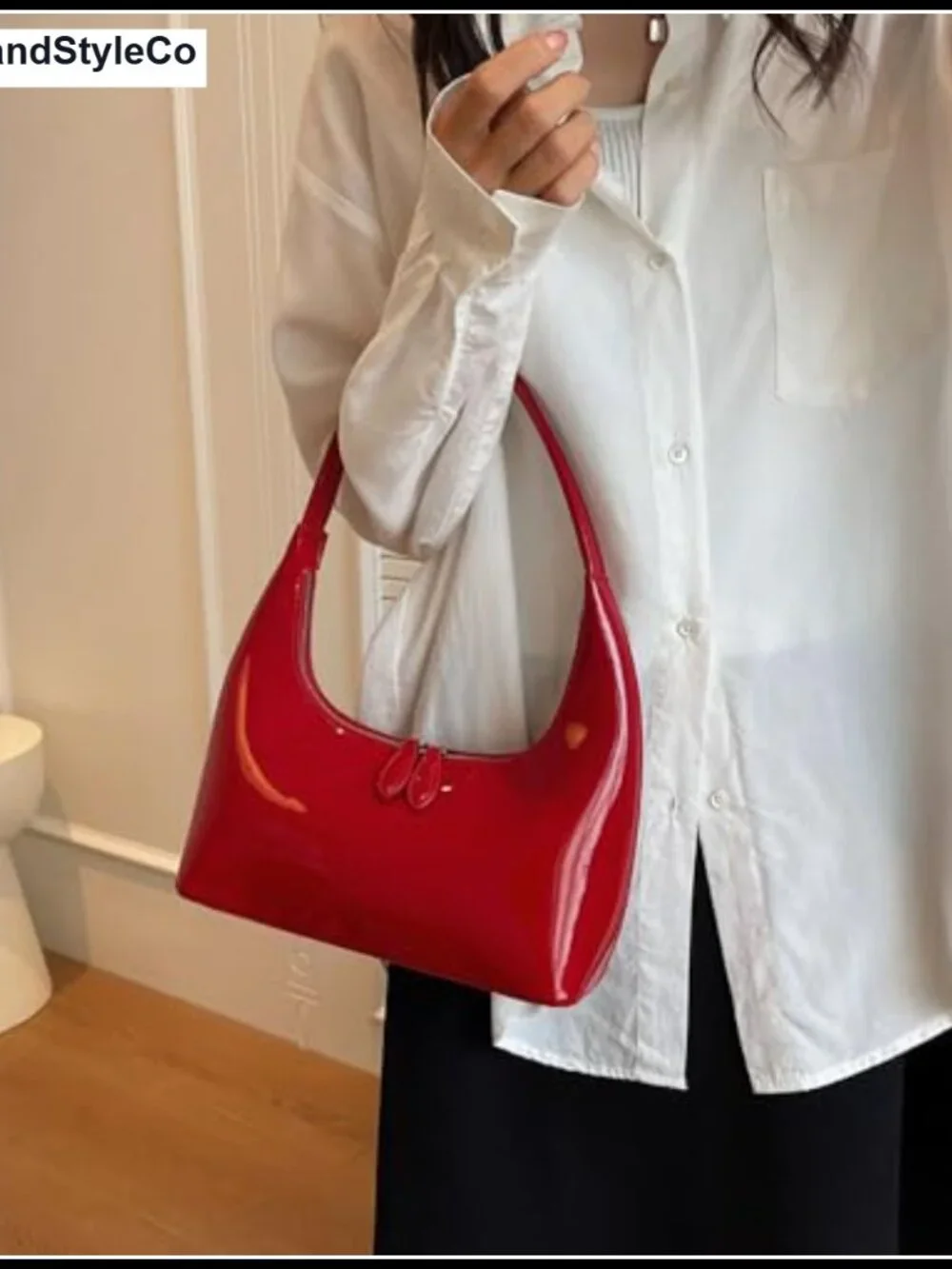 Red Faux Leather Hobo Bag with Zipper Closure